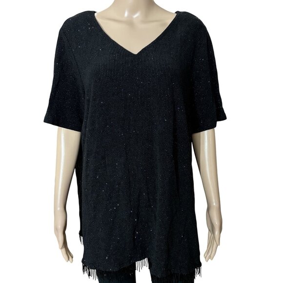 Ronni Nicole Black Blouse with Beaded Tassels and Glitter XL - Picture 1 of 4